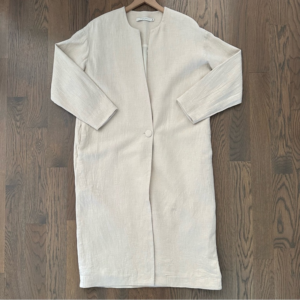 7115 by Szeki Ramie Single Button Mid-Length Jacket in Tan Beige Size XS